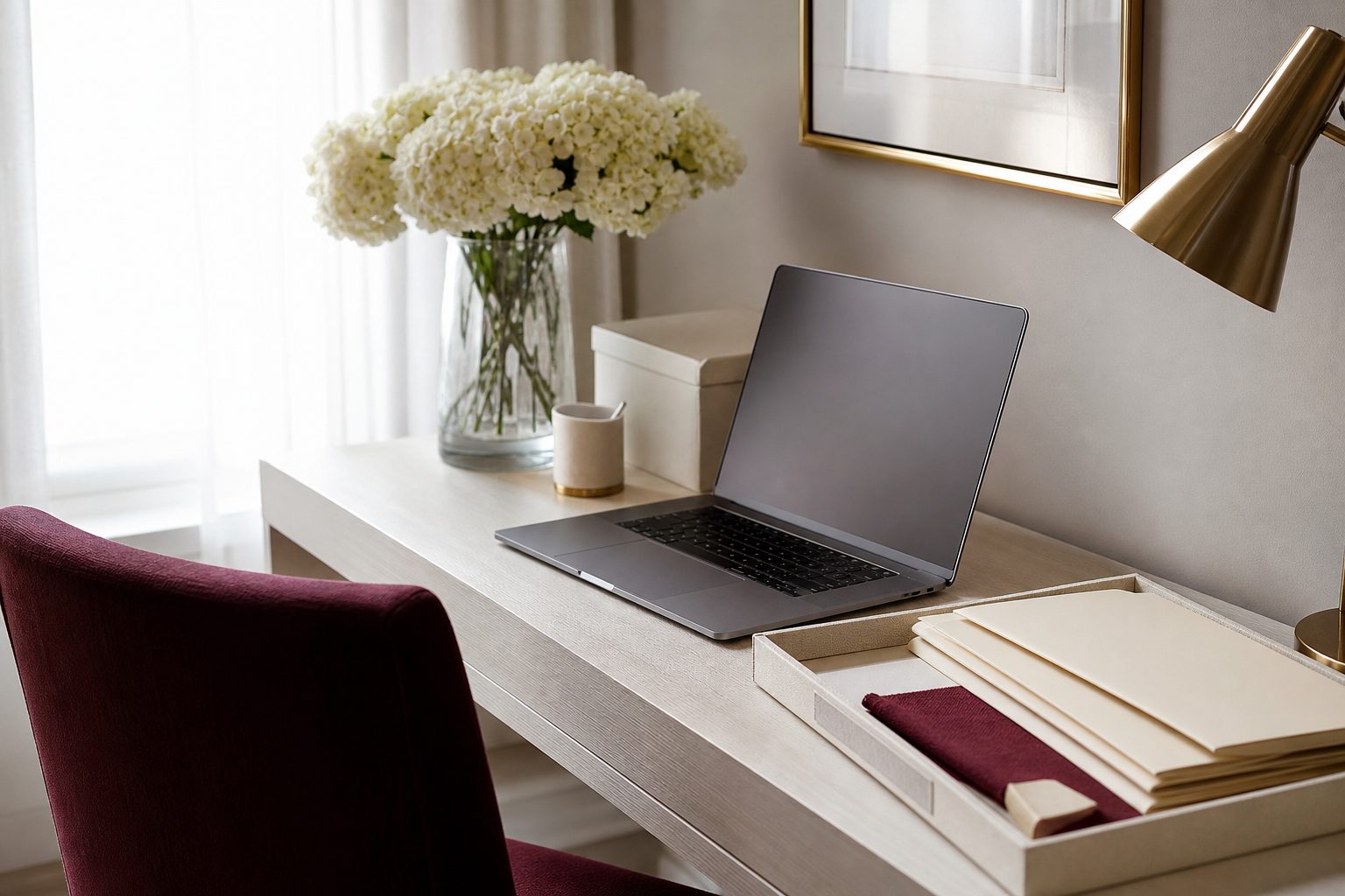 Tidy boutique back office desk with laptop, cream folders and a fabric swatch in morning light
