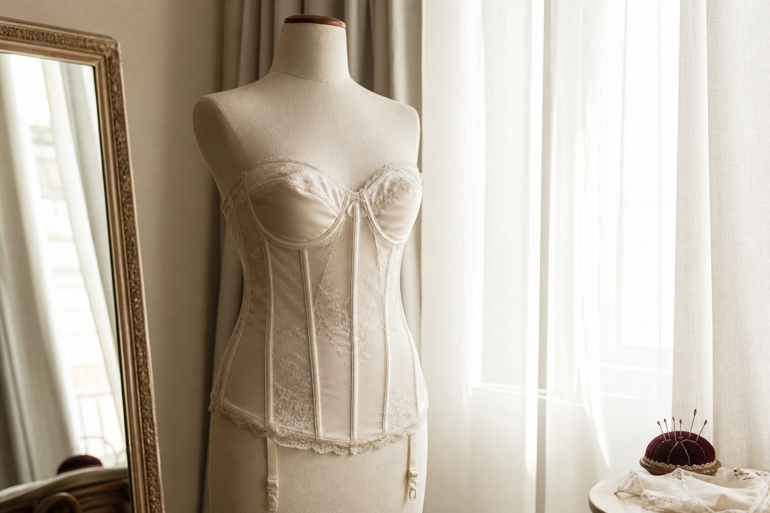Ivory bridal bustier on a dress form beside a sheer curtained window in soft light