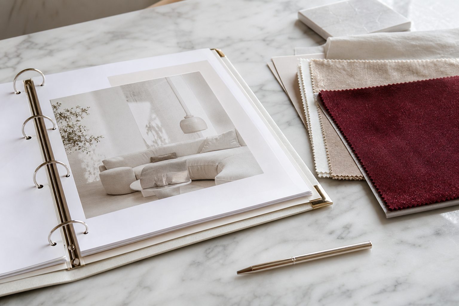 Open ring binder with fabric swatches and a pen on a pale marble counter in bright light