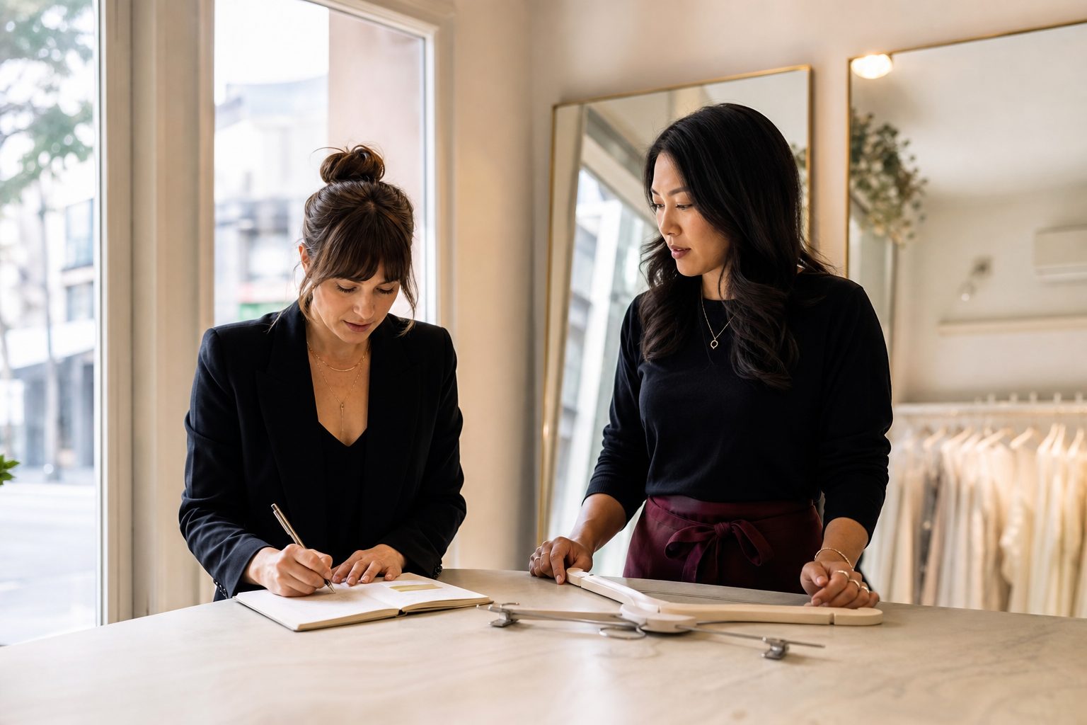 Two boutique fitters at a bright counter with hangers and an appointment notebook