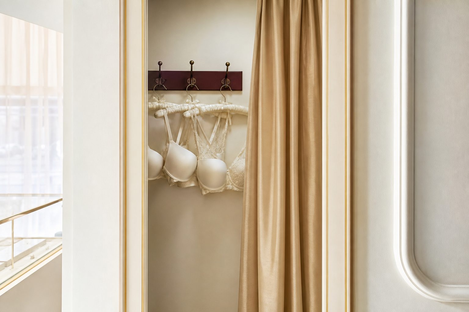 Fitting room doorway with a champagne curtain and ivory bras on padded hangers inside