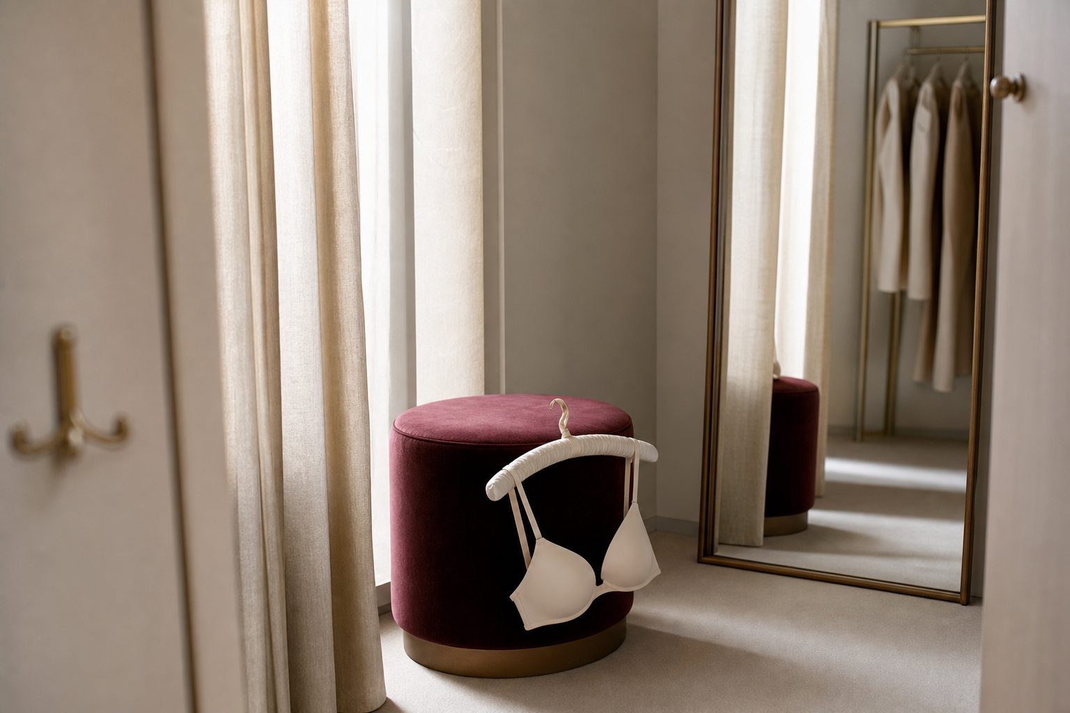 Quiet private fitting room with a linen curtain, upholstered stool and ivory bra on a padded hanger
