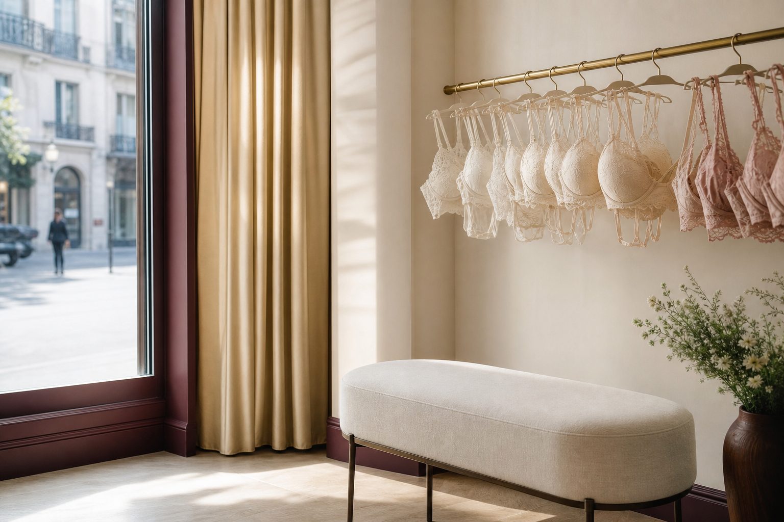 Bright boutique sales floor with a brass rail of ivory bras and a champagne curtain