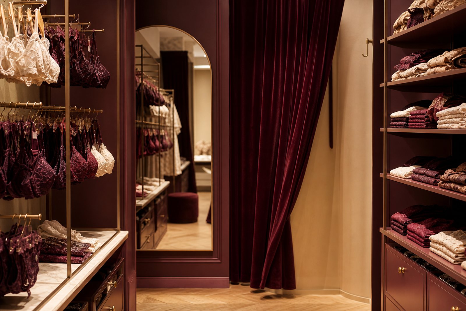 Interior of a small lingerie boutique with a velvet fitting room curtain, a mirror and neatly folded stock on the shelves